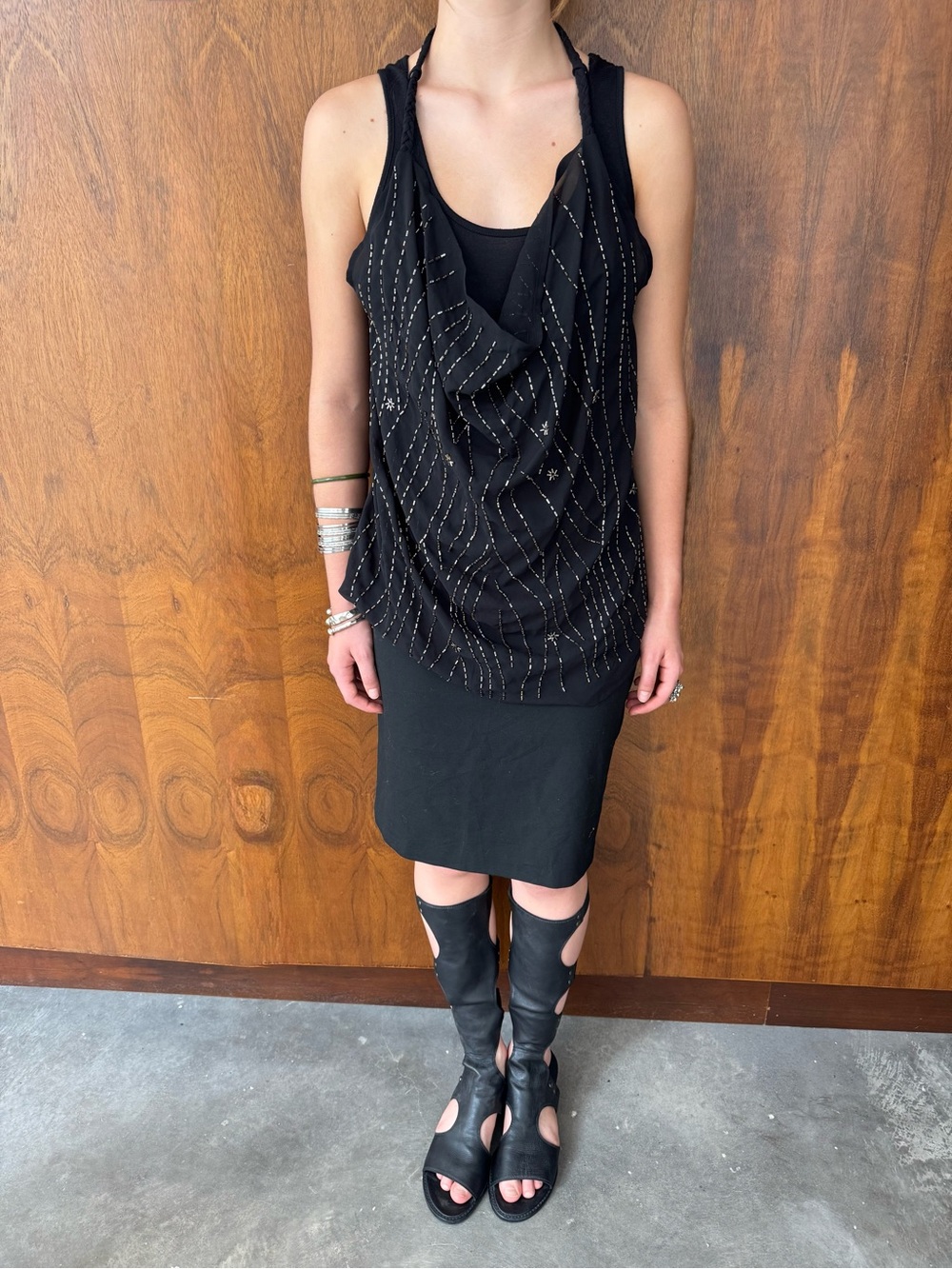 Rock & Republic Black Beaded Drape Tank